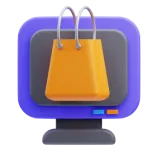 Illustrated icon showing a shopping bag in front of a computer